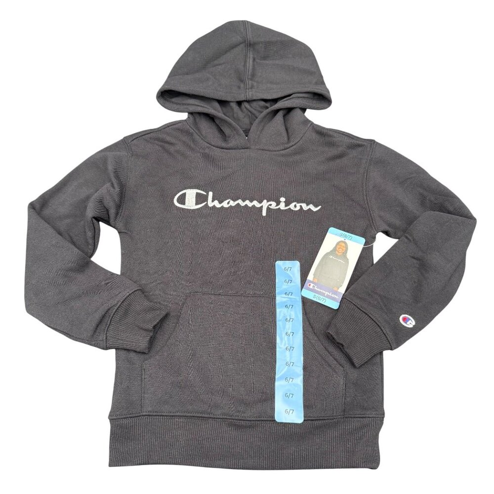 Champion Kids Logo Fleece Hoodie Sweatshirt Black S 6/7 Pullover Breathable‎